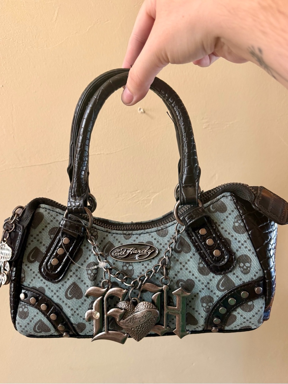 Ed Hardy Women's Small Heart Charm Satchel - Blue and Black